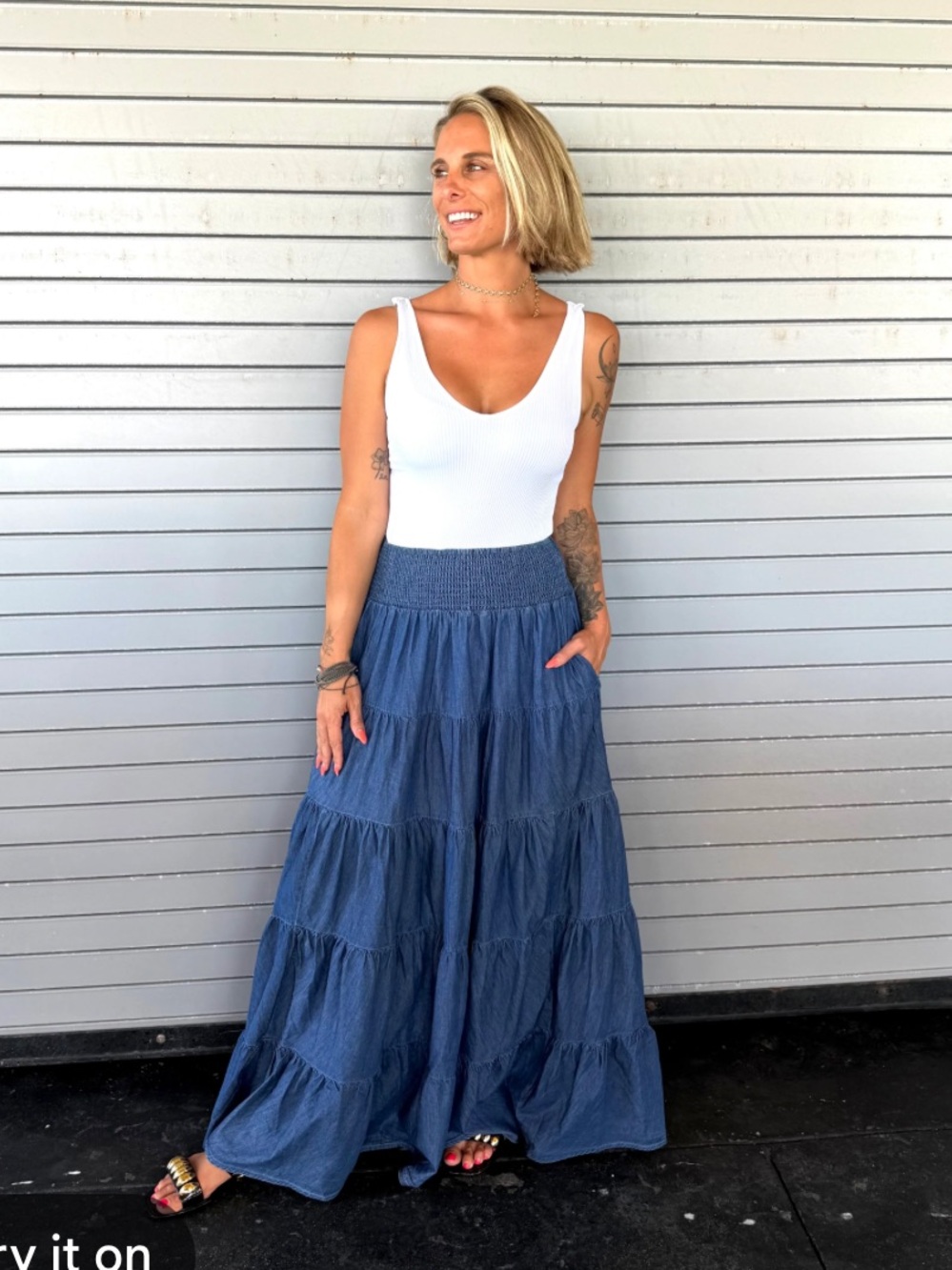 Style Co. navy blue 100% cotton tiered maxi skirt